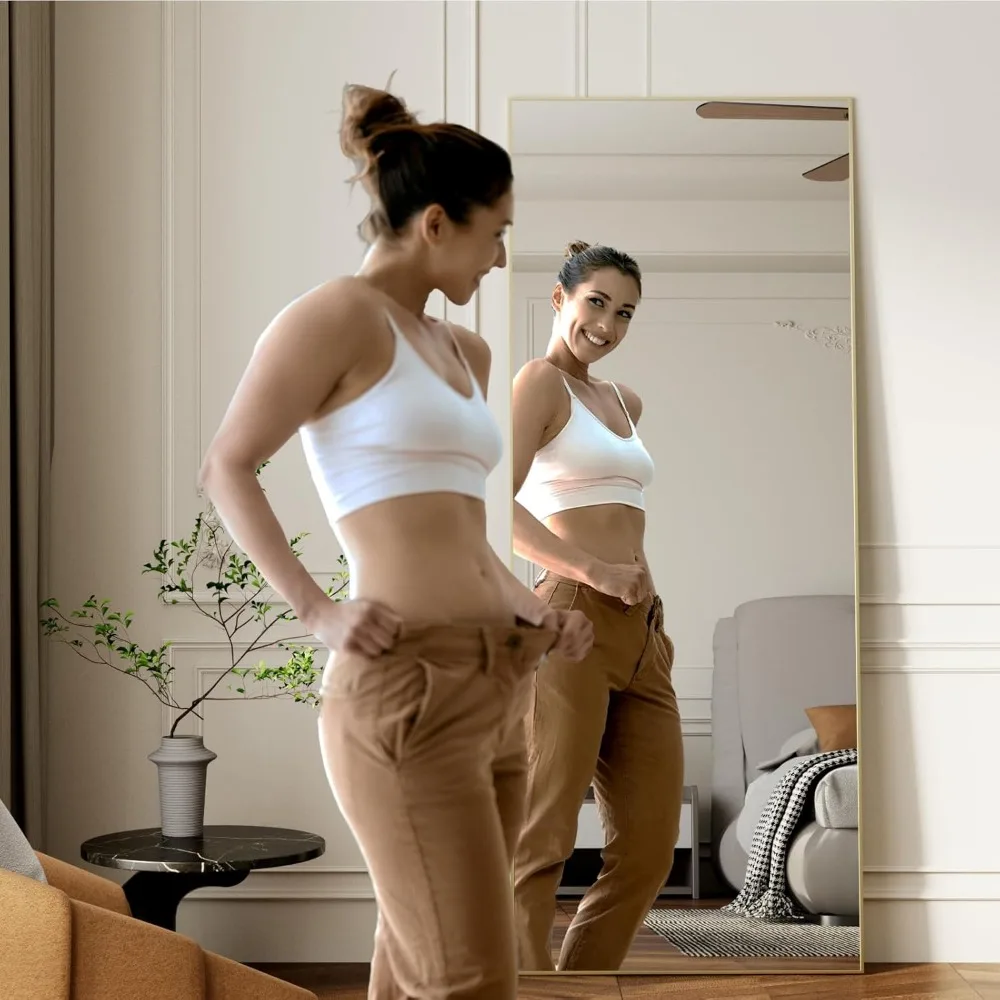 Espelho de chão retangular de vidro temperado dourado - Espelhos de estrutura de alumínio montados na parede de comprimento total 69x24 para quarto