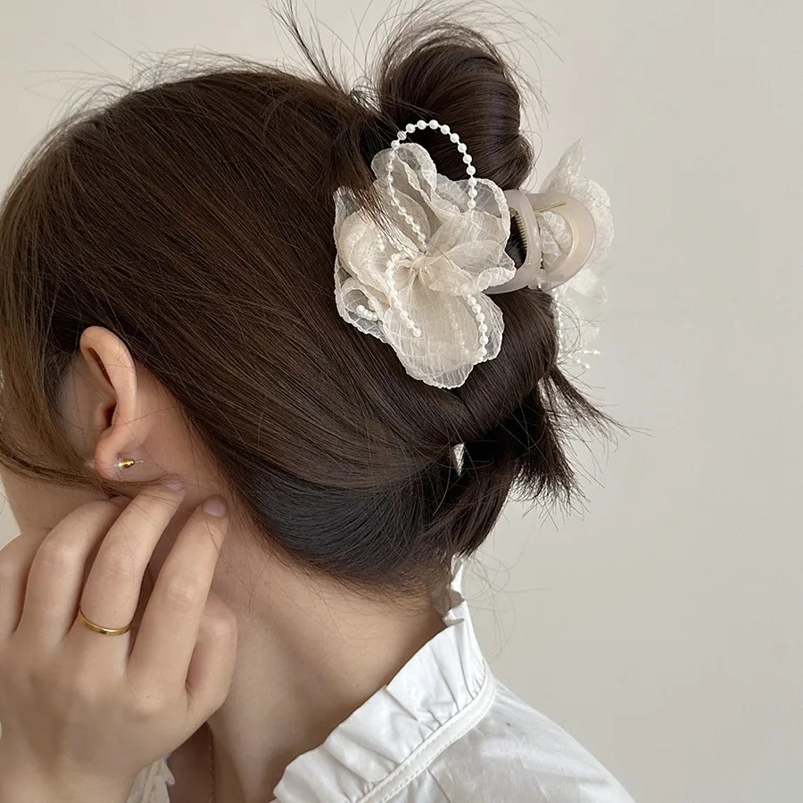 Hair Claw Clip Pearl Mesh Sweet Elegant Premium for Back of Head Thick Hair Daily Home Party