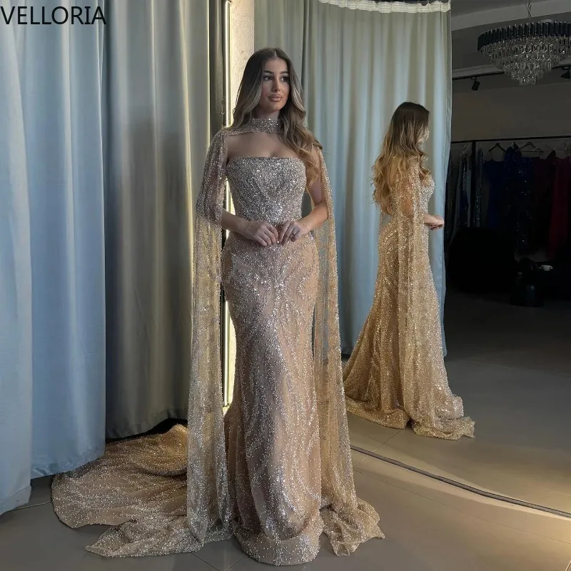 

Champagne Two Pieces Evening Dress Long Cape Sleeve Mermaid Prom Gown Luxury Wedding Party Dresses Vestdos De Fiesta Customized