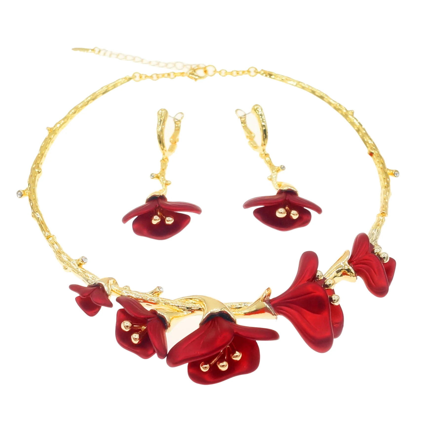 Yulaili Elegant Red Flower Shape Dubai Jewelry Fine Charm Hotsale  Pedants Collar Brazalete Aretes Anillo 2PC Jewellery Sets