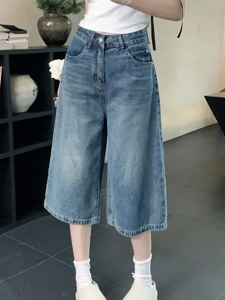 

Loose Straight Leg Jeans Women's Summer New Thin Seven-Foot Pants plus Size Slimming Wide Leg Pants High Waist Denim Fabric