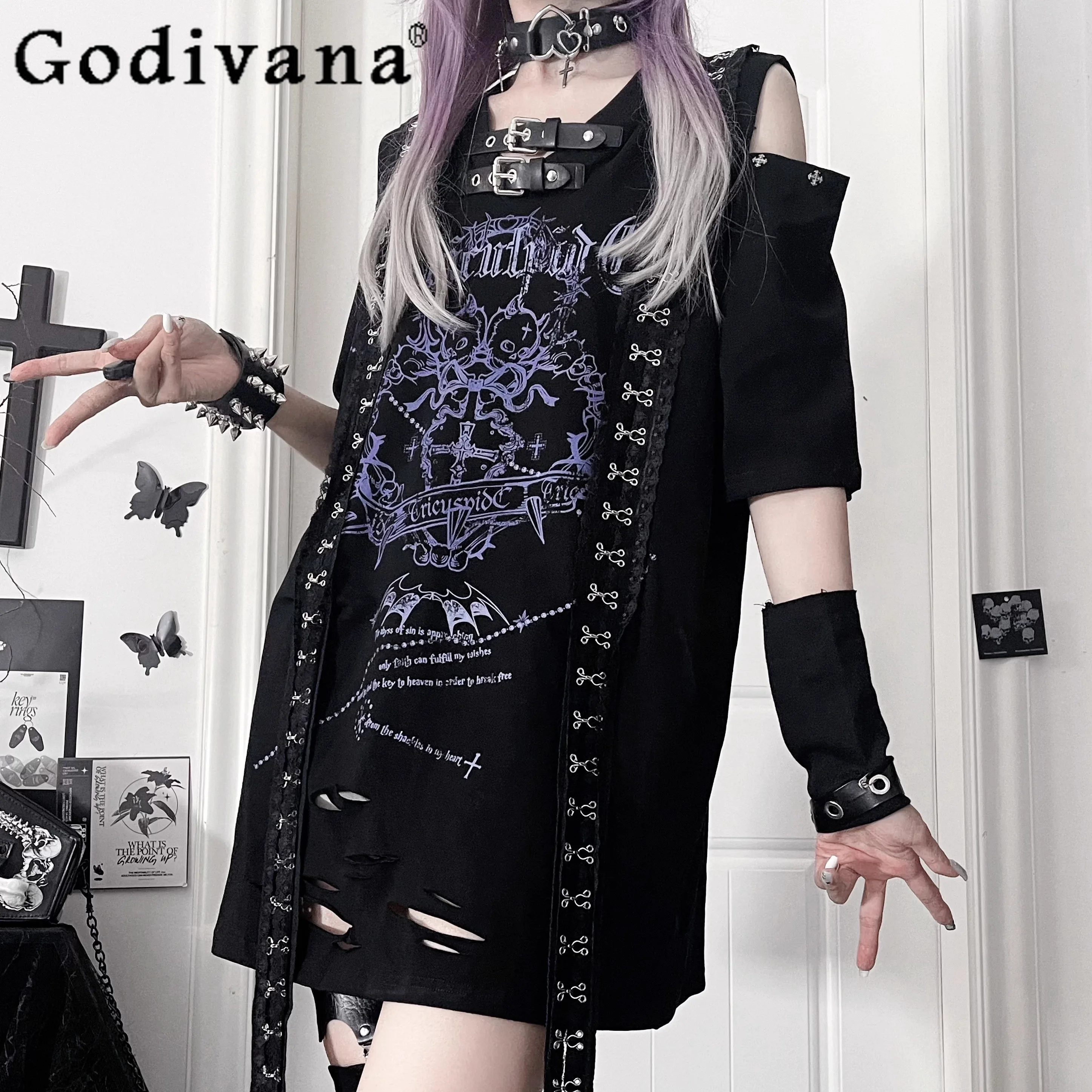 

Original Subculture Gothic Dark Y2K Print Off-Shoulder T-Shirt Summer New Girls Japanese Sweet Cool Loose Slim Short Sleeve Top