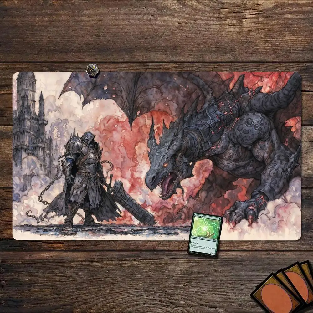 Dark Fantasy Black Dragon Knight Castle Battle TCG Playmat 35X60CM MTG Duel Mat Non-Slip Stitched Edge Large Desktop Playmat