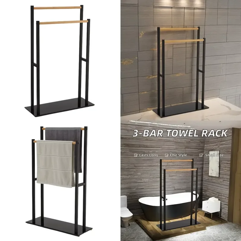 Modern Bathroom Towel Rack with Heater Bamboo Metal Steel 2 Bar Floor Standing Clothes Drying Rack for Hotel Home Use