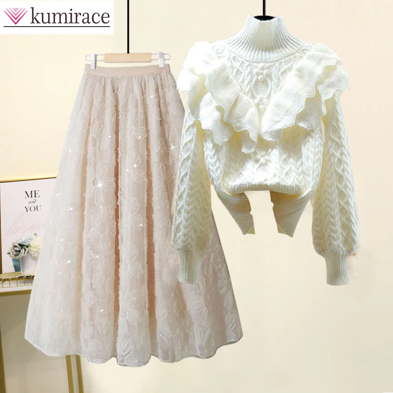 

Large Women's Autumn Suit 2024 South Korea's New Semi Senior Knitwear Sweater Lace Skirt Two-piece Elegant Women's Skirt Suit