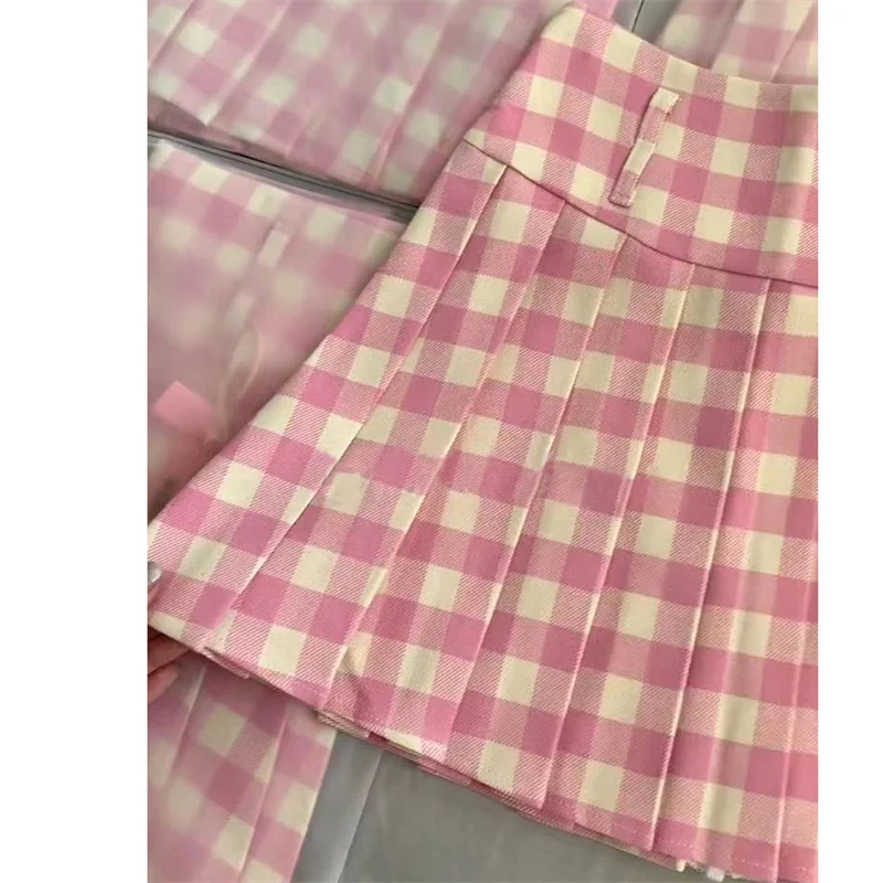 Pink Plaid Print JK Pleated Women\'s Skirt High Waist Cutecore Preppy Style Y2k Kawaii Japanese School Uniform Casual Mini Skirts