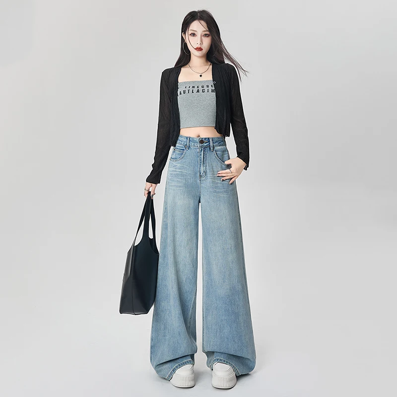 

Свободные прямые женские джинсы с высокой талией, новинка 2025, европейские и американские джинсовые широкие брюки для похудения, универсальные