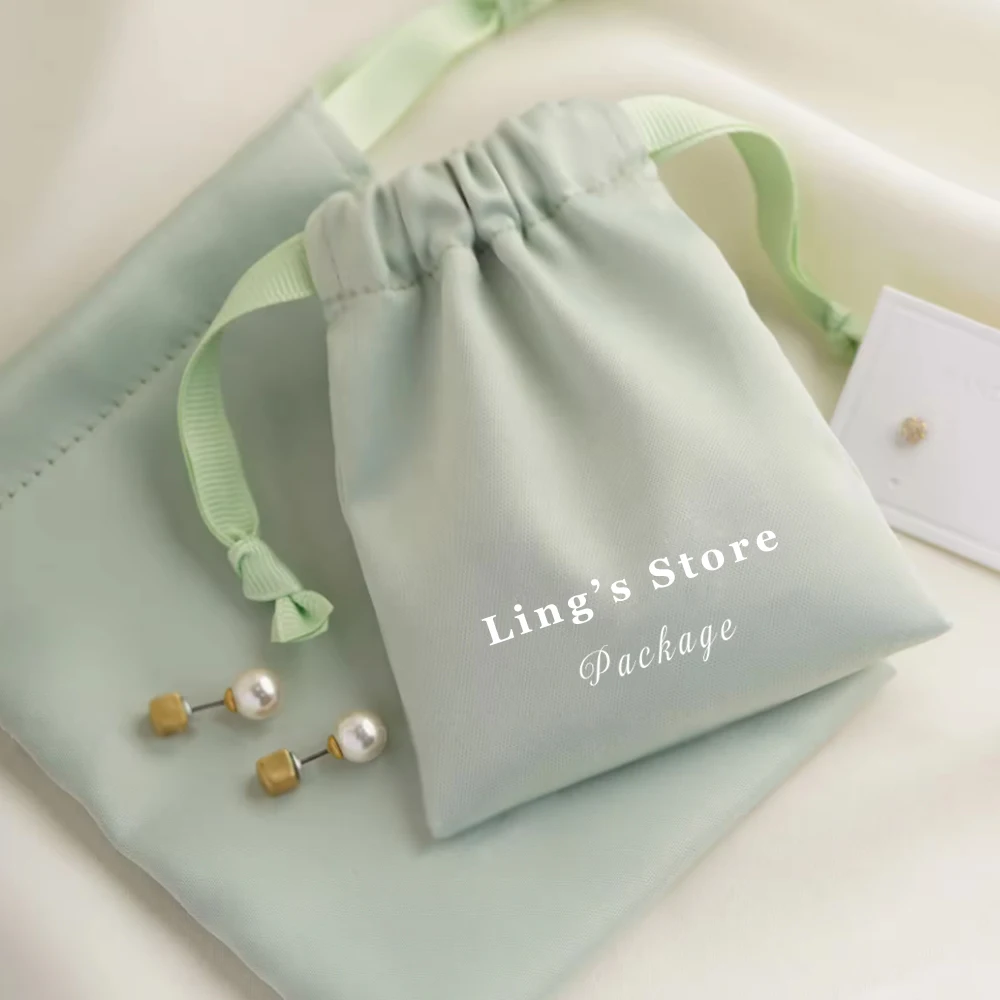 

50Pcs Custom Logo Green Silk Jewelry Bag Satin Drawstring Packaging Ribbon Gift Pouch for Ring Earring Wedding Favor Guest Candy