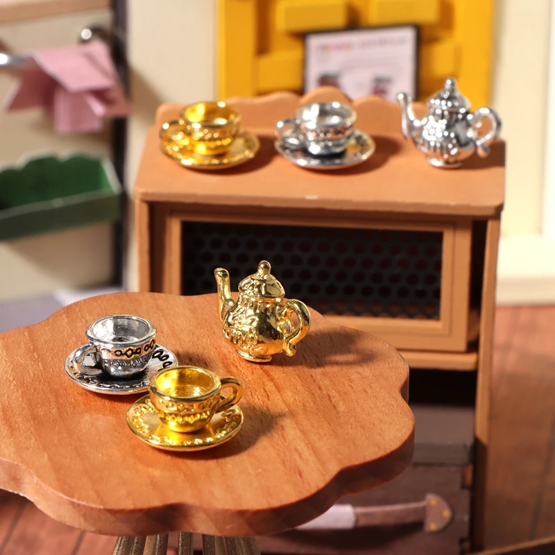 1Set Miniature Teapot Cup Saucer Gold Silver Metal Tea Set Dining Table 1:12 Dollhouse Model Decor Toy Accessories