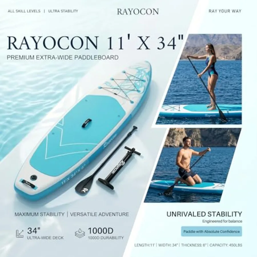 Inflatable Stand Up Paddle Board 11'×34 for outdoor water sports, military-grade dual-layer PVC, gray/black, ultra-stable extra