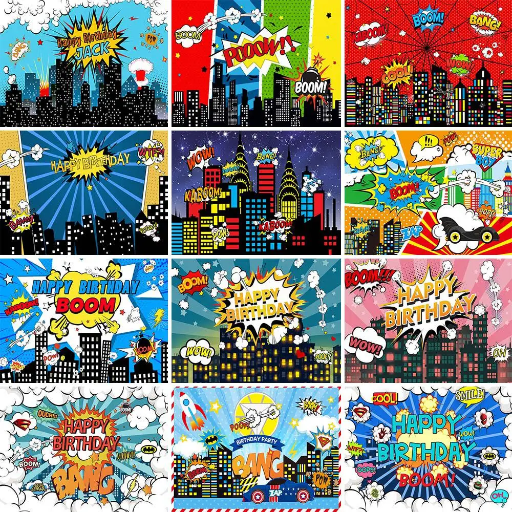 

Mocsicka Superhero Birthday Backdrop Cartoon City Building Night Scene Boys Girl Birthday Party Decor Background Banner Supplies