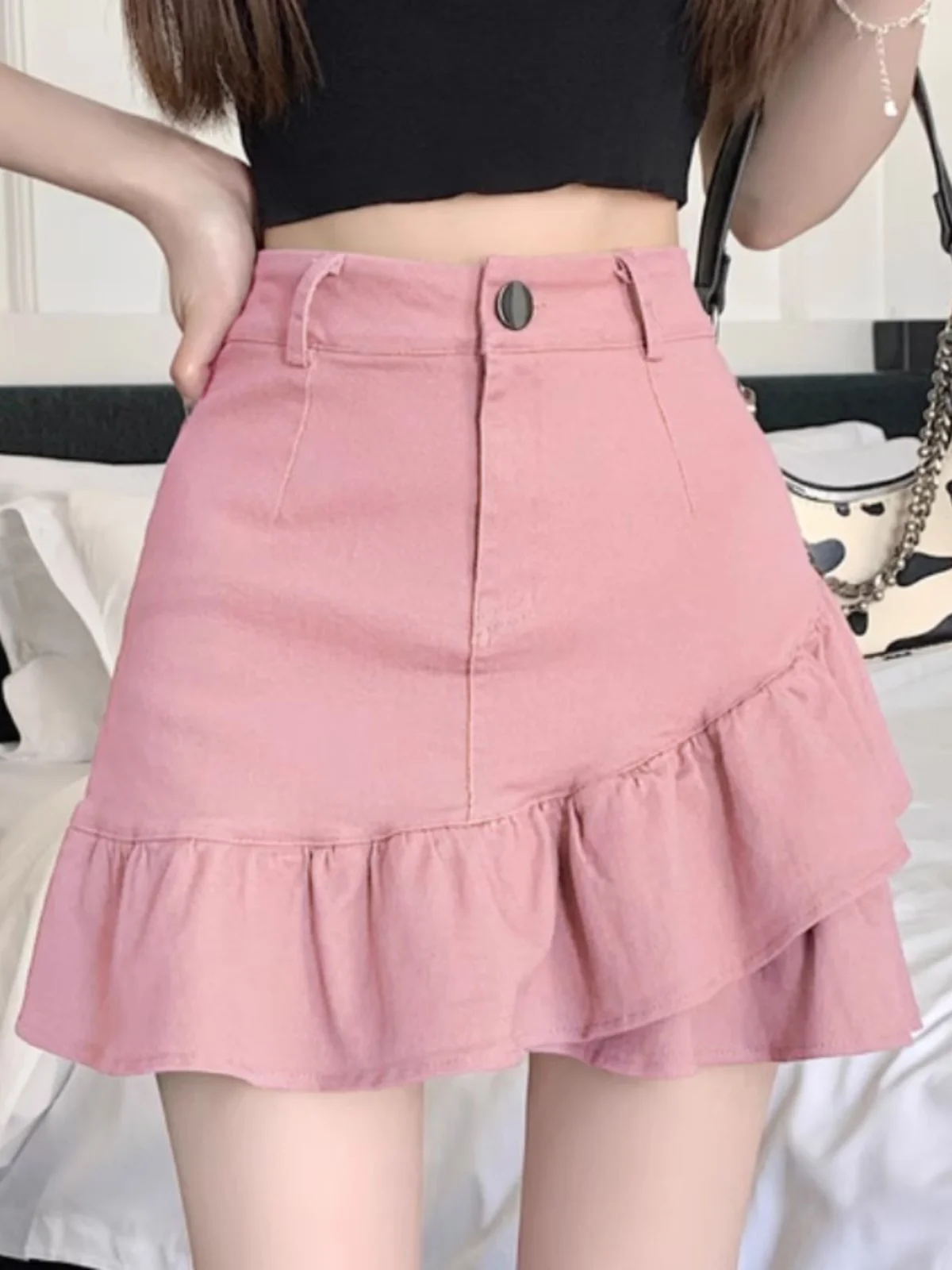 Dopamine Denim Skirt Women's Spring and Summer American Gyaru Sheath A- line Skirt High Waist Frill Fishtail Short Skirt