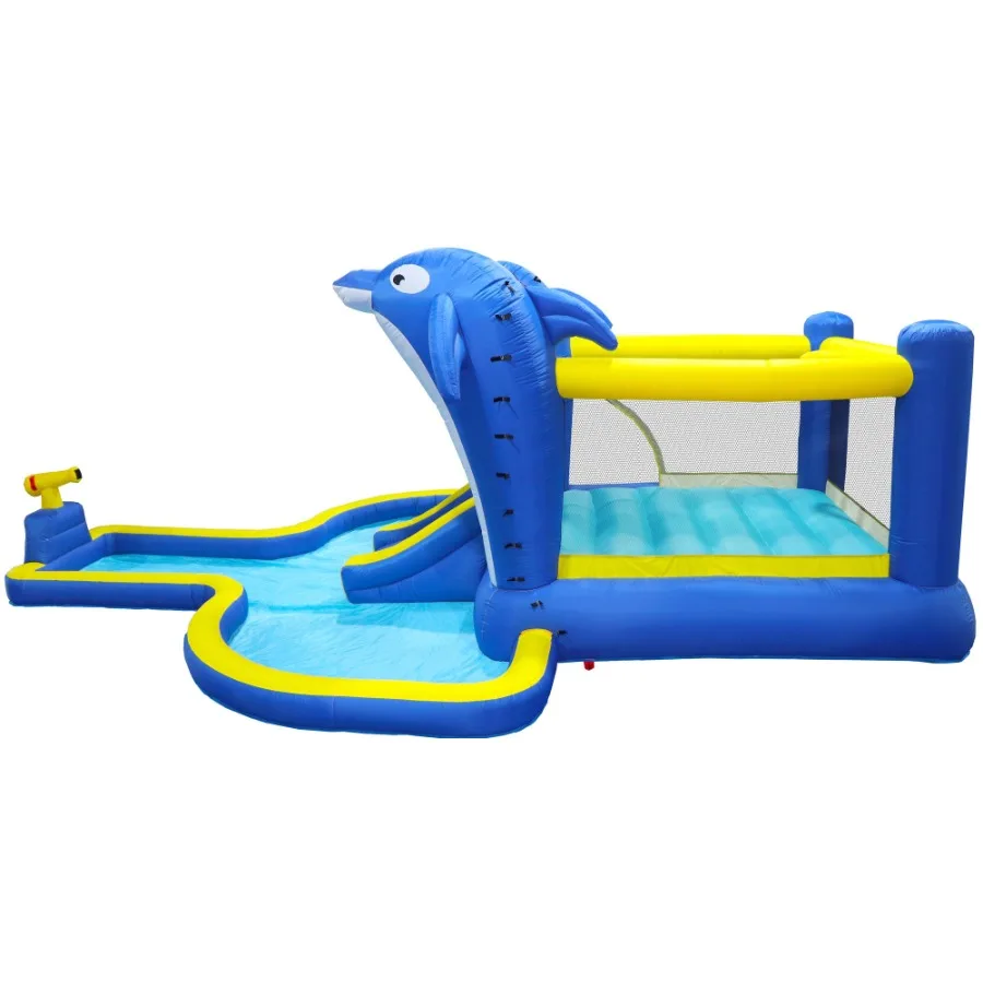 Trampoline gonflable 6 en 1 pour parc aquatique, maison rebondissante, jardin extérieur avec arroseur de dauphin, jeux de cible, panier de pistolet à eau