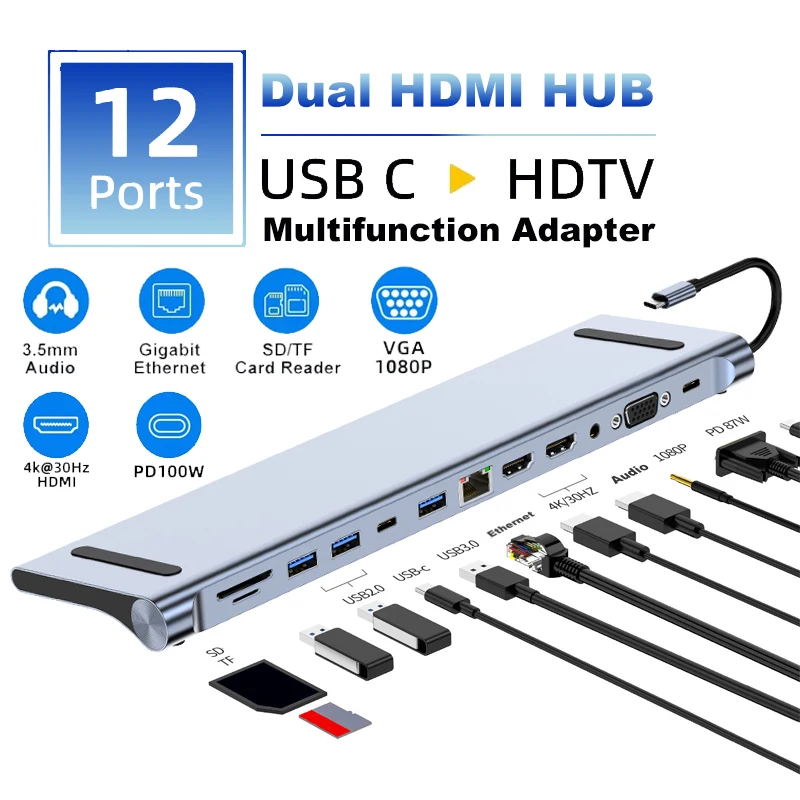 

12 in 1 HUB USB C Docking Station with USB Ports Dual 4K HDMI VGA 3.5 Audio PD 87W SD TF Ethernet Laptop for MacBook Dell XPS