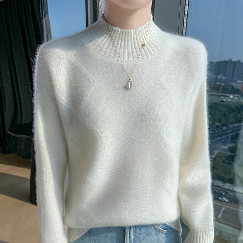 

Fall/Winter New 100% Pure Wool Women's Sweater Semi-high Neck Knitted Bottom Shirt Loose