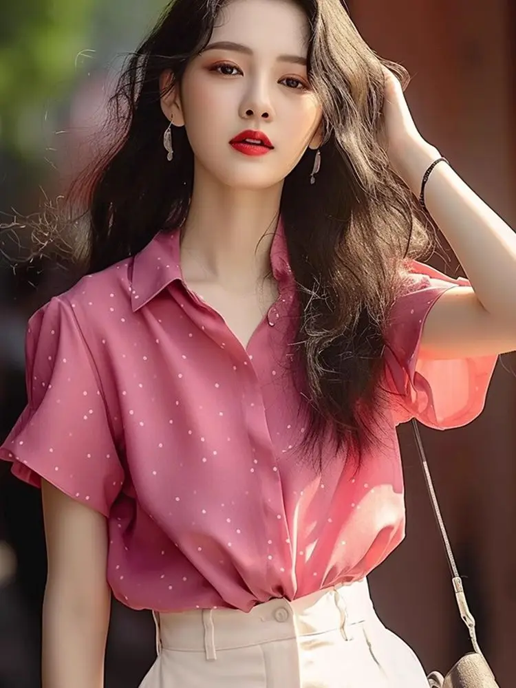 Korean Buttons Turn-down Collar Short Sleeve Blouse Women Clothes Summer Fashion Polka Dot Thin Shirts 2024 New Casual Top Tee