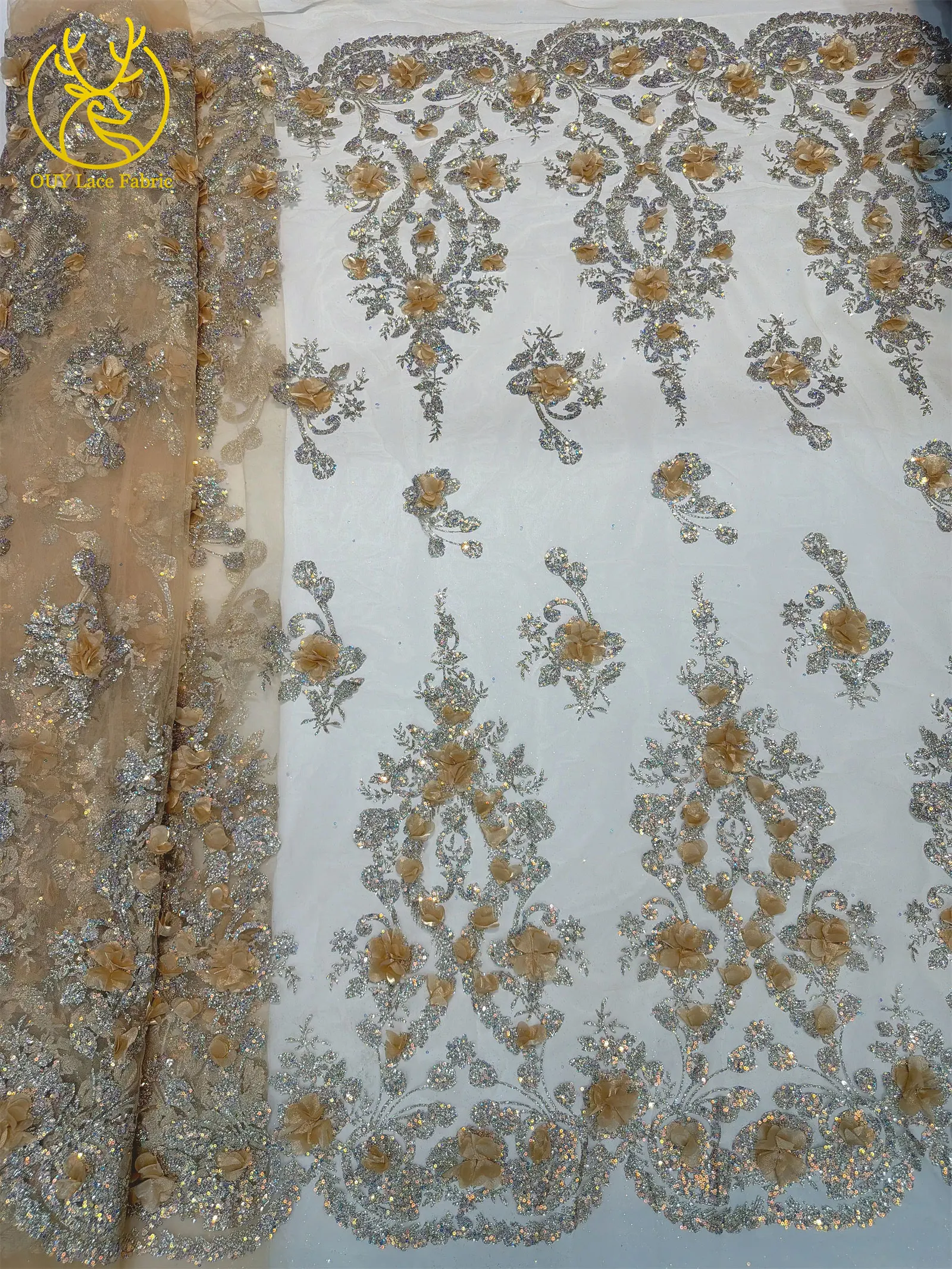 Neuer Stil Afrikanischer 3D-Applikations-Spitzenstoff 2026 Nigerianischer Glitzer-Pailletten-Spitzenstoff für Abschlussball- und Hochzeitskleider zum Nähen, 5 Yards – Detail 19