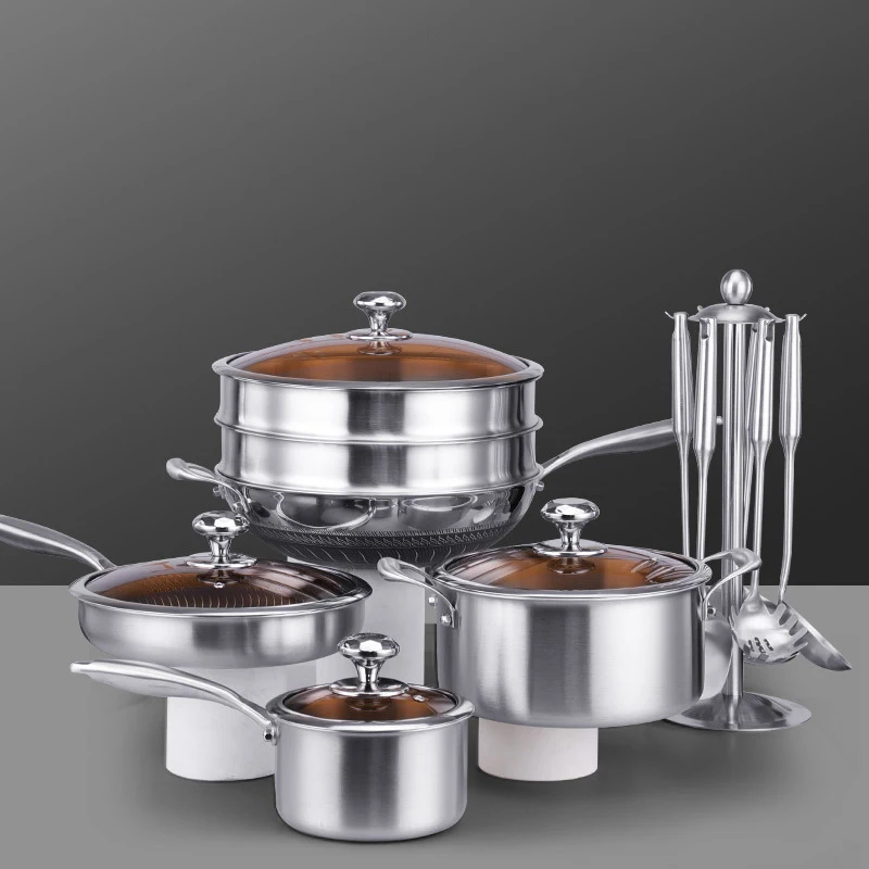 High Quality Non Stick Stainless Steel 16 Pcs Cooking Pot Cookware Set Double Layers Steamer Pot Kitchen Ware With Glass Lid