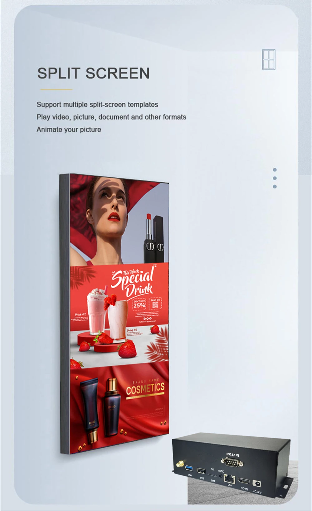 4K UHD Digital Signage Media Player Android 11.0 2+32G RS232 Videoplayer für Werbe- und Informationsausgabegeräte – Detail 3