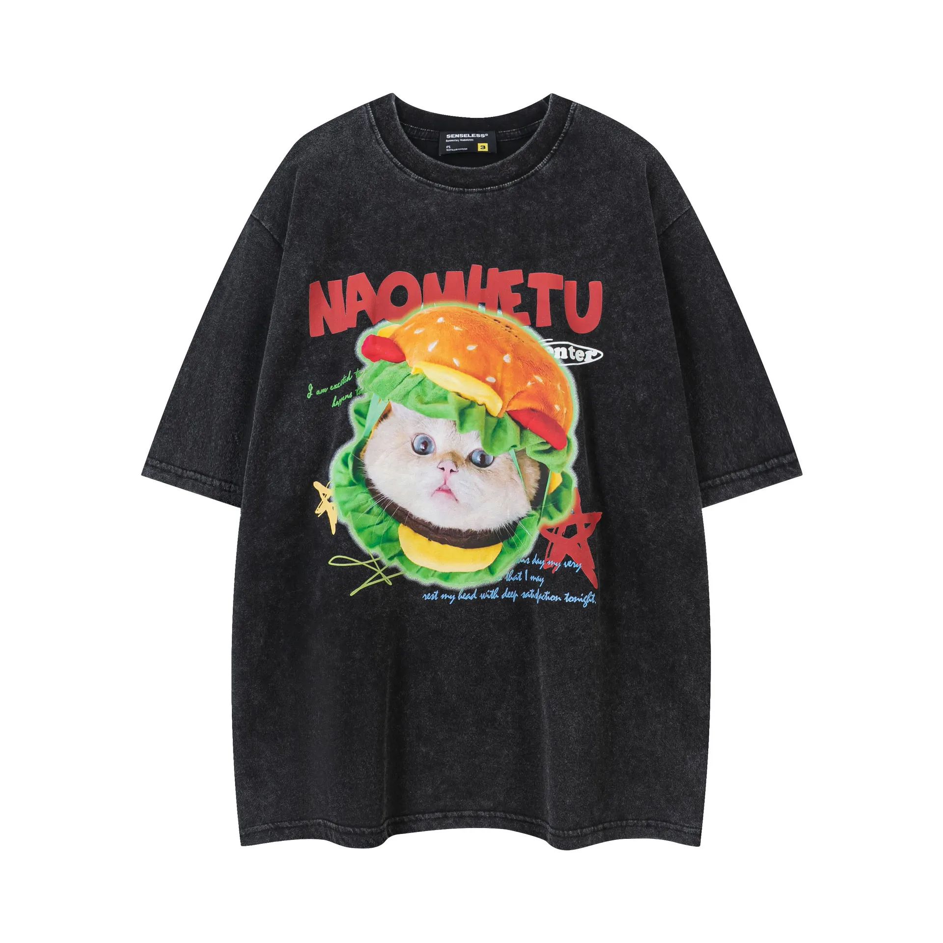 Hip Hop Oversized T Shirts for Men Cute Burger Cat Printed Funny Tshirt Men Casual Fashion Pure Cotton Vintage Graphic Tees Tops