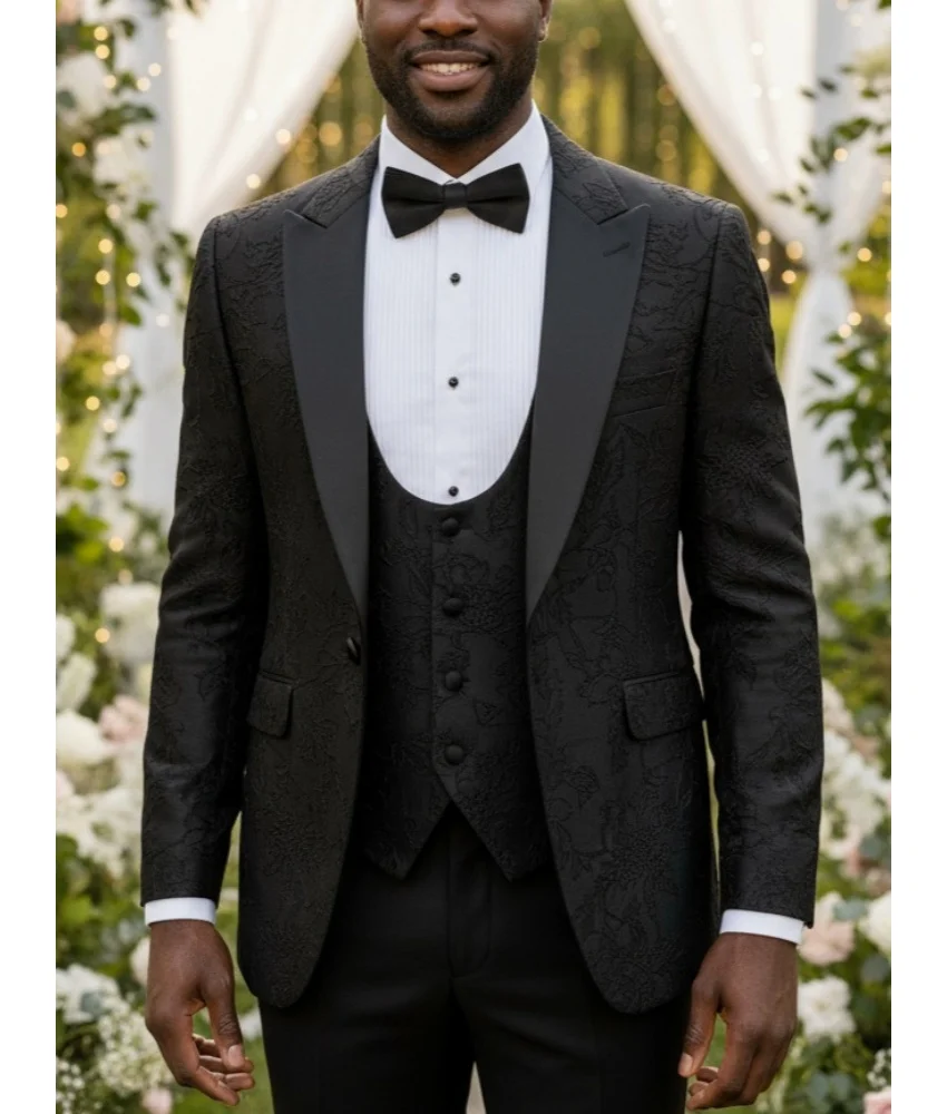

Изящный мужской черный смокинг с цветочным тиснением, комплект из 3 предметов - официальный костюм для свадьбы/гала (пиджак + жилет + брюки), мужской сценический костюм