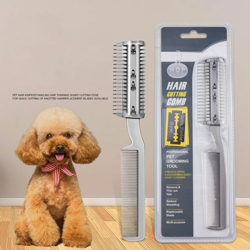 2-in-1 Professional Pet Grooming Razor Comb Plastic Trimmer for Dogs Cats with 2pcs Metal Blades for Safe Grooming Pet Supplies