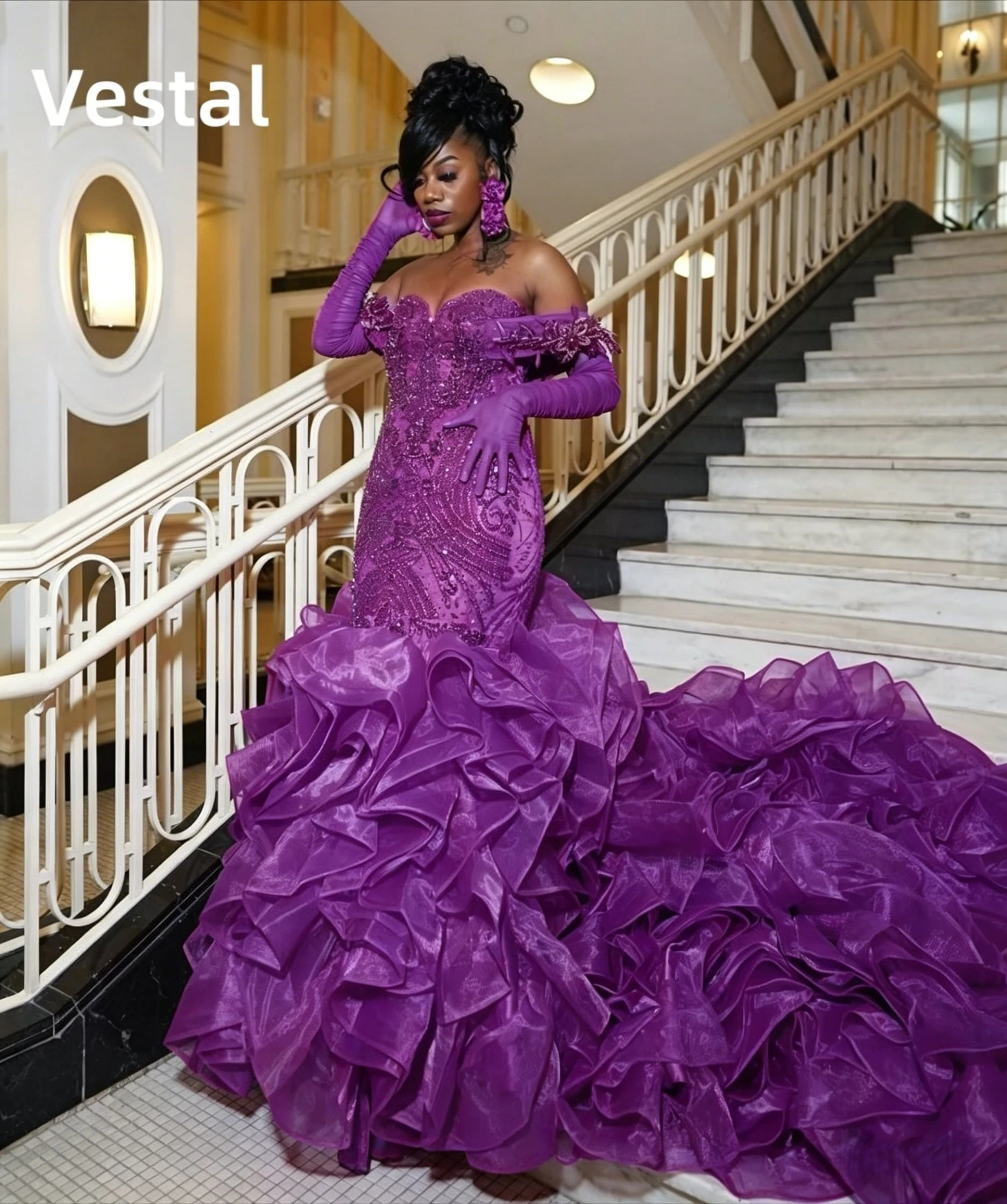 

Luxury Purple Off Shoulder Mermaid Prom Gown Ruffle Tulle Beaded Appliques Evening Prom Dress Customized