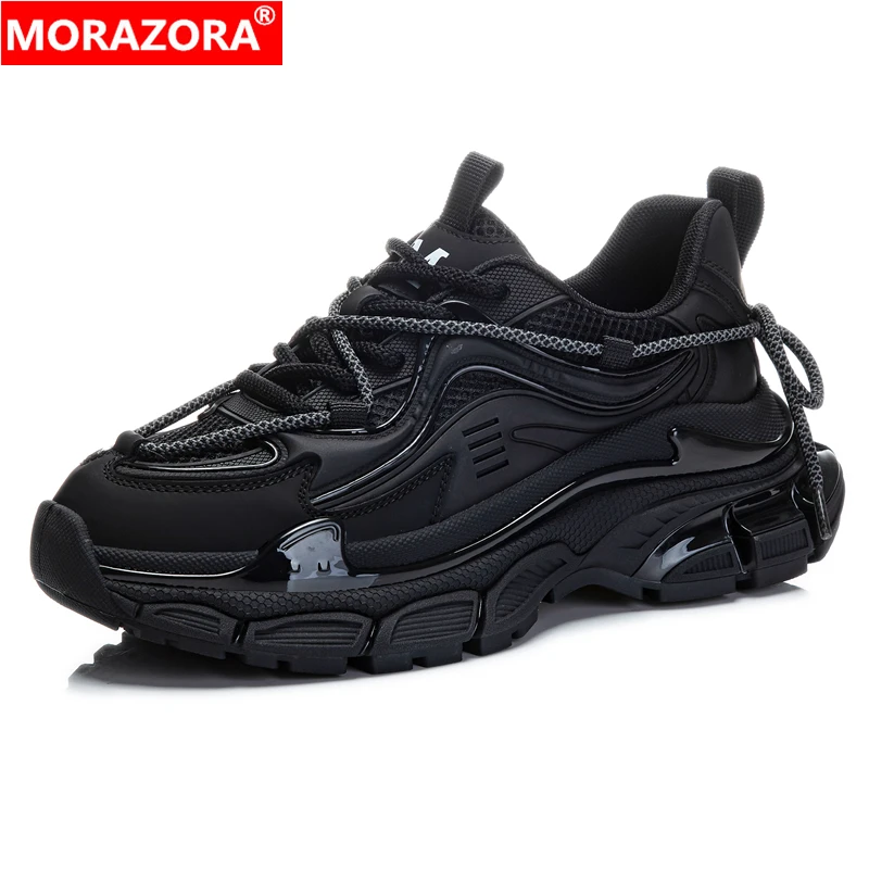 MORAZORA 2024 New Genuine Leather Shoes Women Sneakers Fashion Lace Up Casual Shoes Platform Shoes Black White Chunky Sneakers