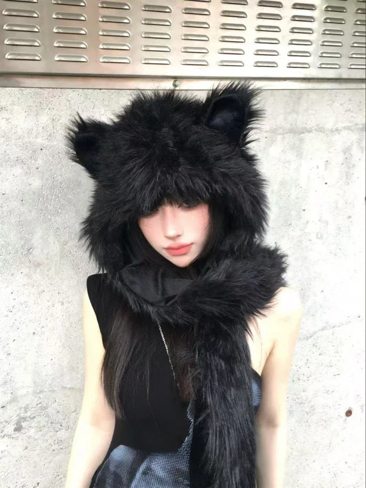 Japanese Kawaii Cute Fur Scarf Hat Winter Keep Warm Y2k Aesthetic Fashion Vintage Cap Bears Ears Women Hats Grunge Streetwear