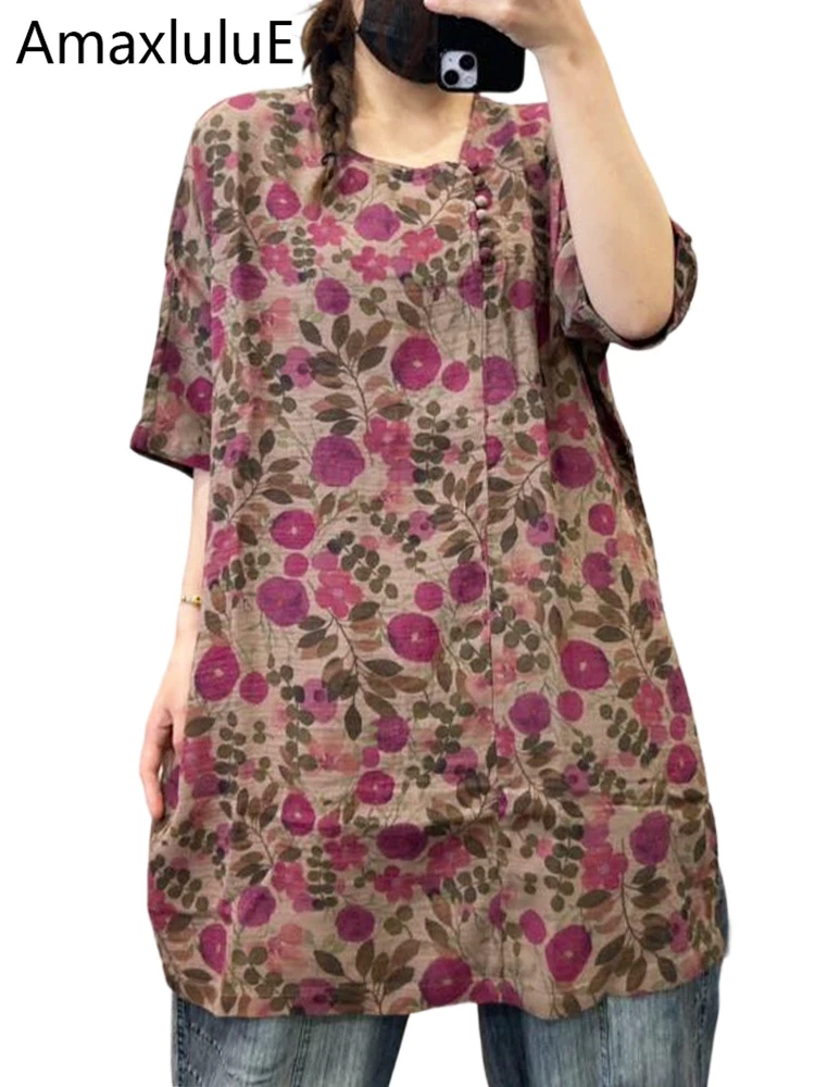 

Amax LuluE 2026 Summer Classic Floral Shirts Womens Korean Design Vintage Luxury Tops Ladies Fashion Causal Loose O Neck Blouses