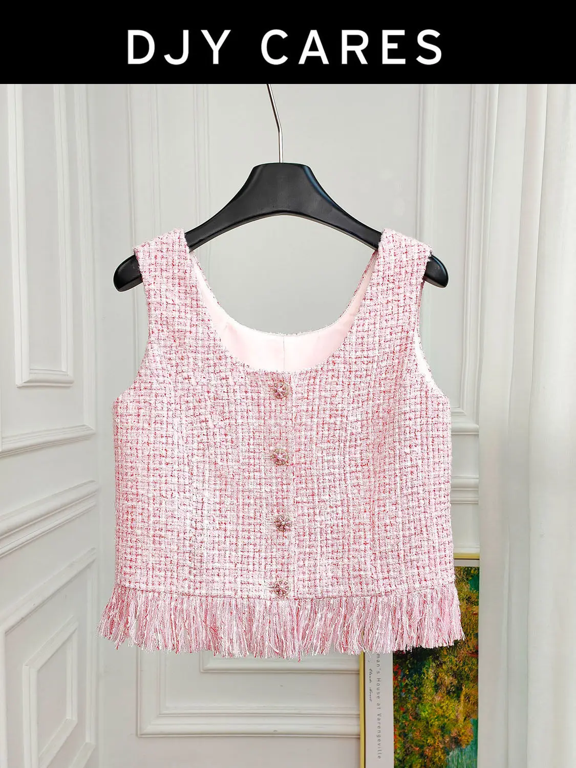 

Новый легкий твидовый жилет из пудры сакуры с топом на подтяжках с кисточками