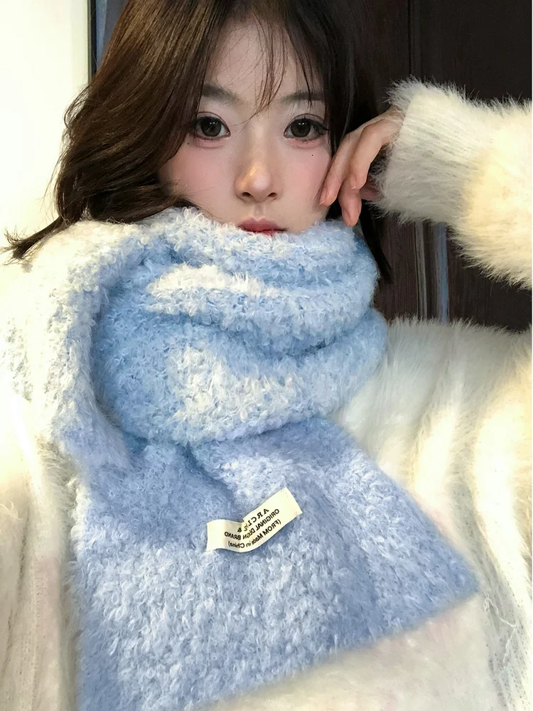 Soft Plush Knitted Blue Scarf Women's Winter Thick Warm Neck Protection Korean Style Pure Color Long Rectangle Scarf