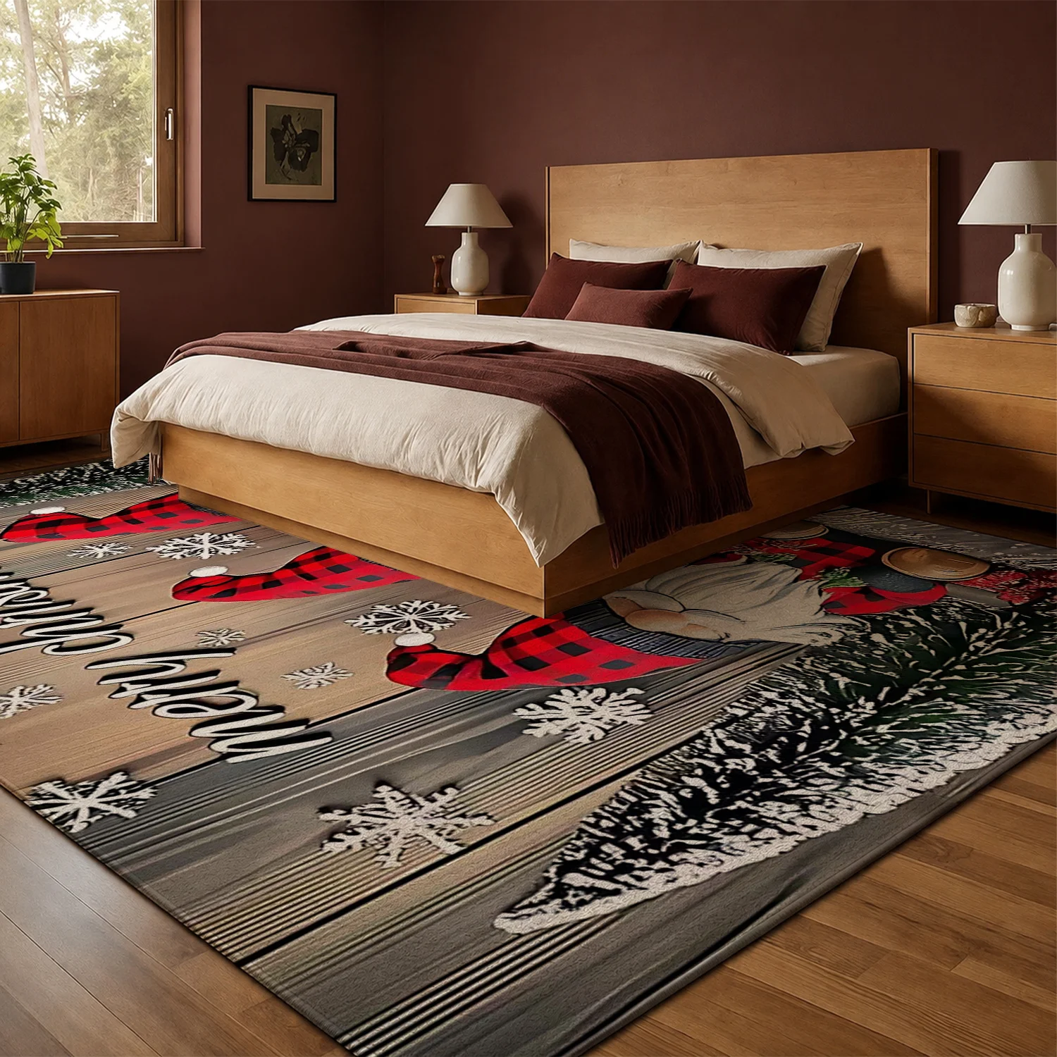 Large Indoor Area Rug, Soft Velvet Low Pile with Non-slip Dotted Backing, Machine Washable Christmas Gnome Buffalo Plaid Decor Rug for Living Room, Bedroom Holiday Home Accent