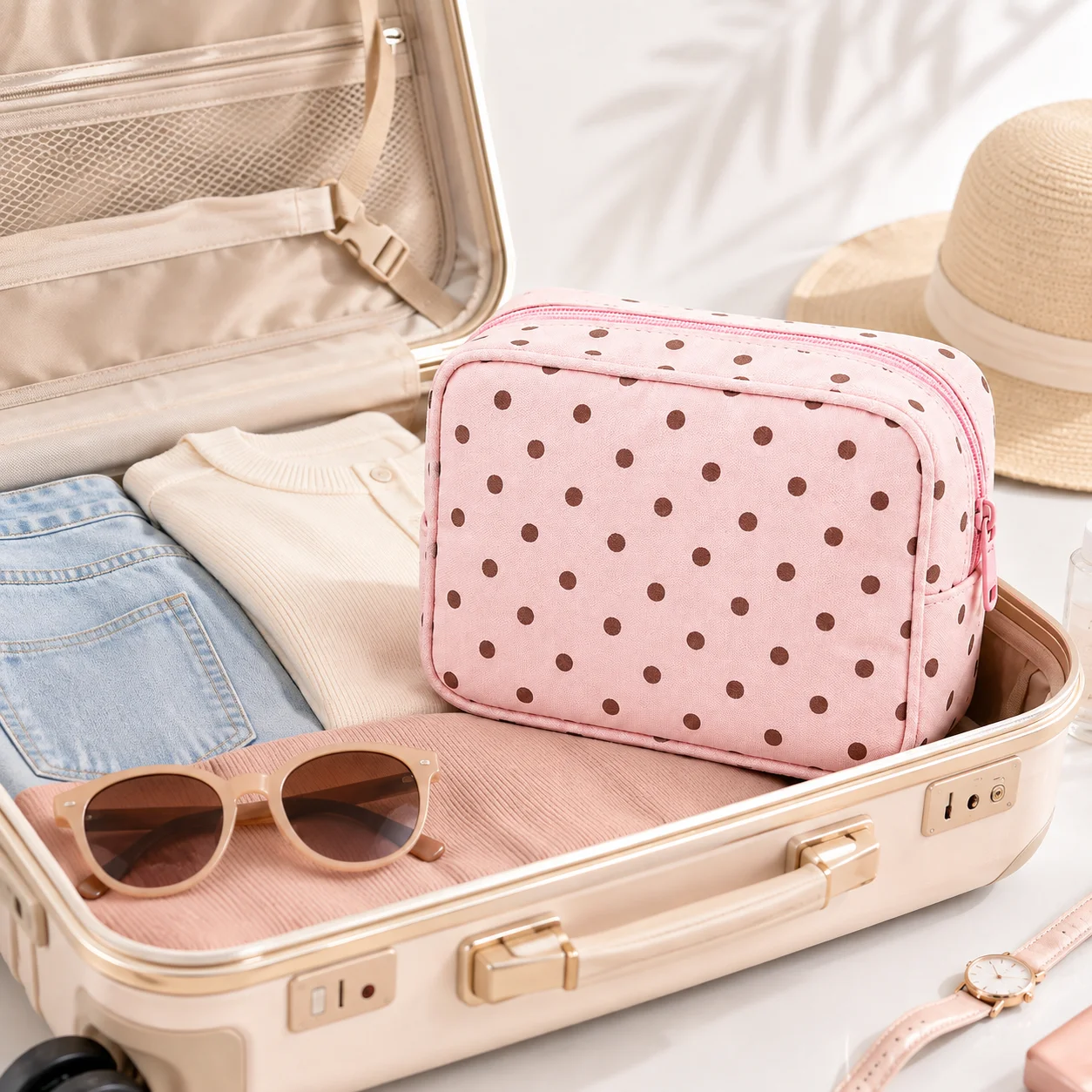 Makeup Bag Pink Polka Dot Cosmetic Pouch Soft Zipper Toiletry Organizer Travel Beauty Storage Case Women Wash Bag Vanity Pouch