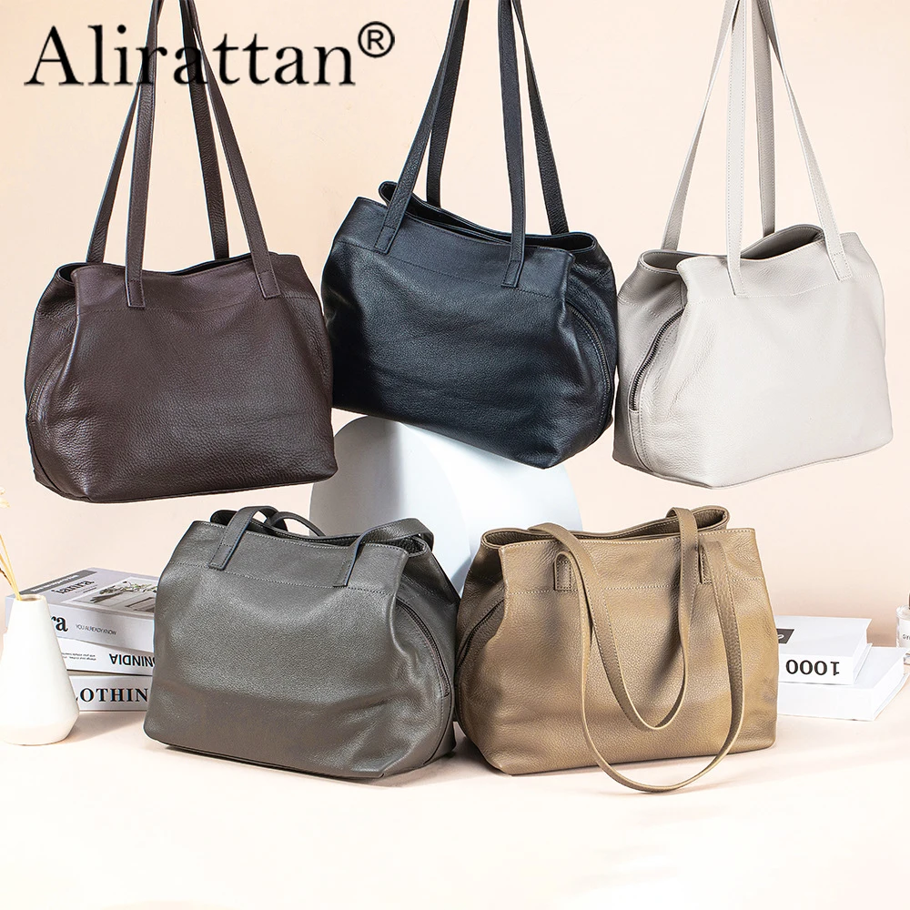 

Alirattan 2026 New Head Layer Cowhide Versatile Tote Bag large Capacity Simple Commuting Shoulder Bag Leather Handbag for Women