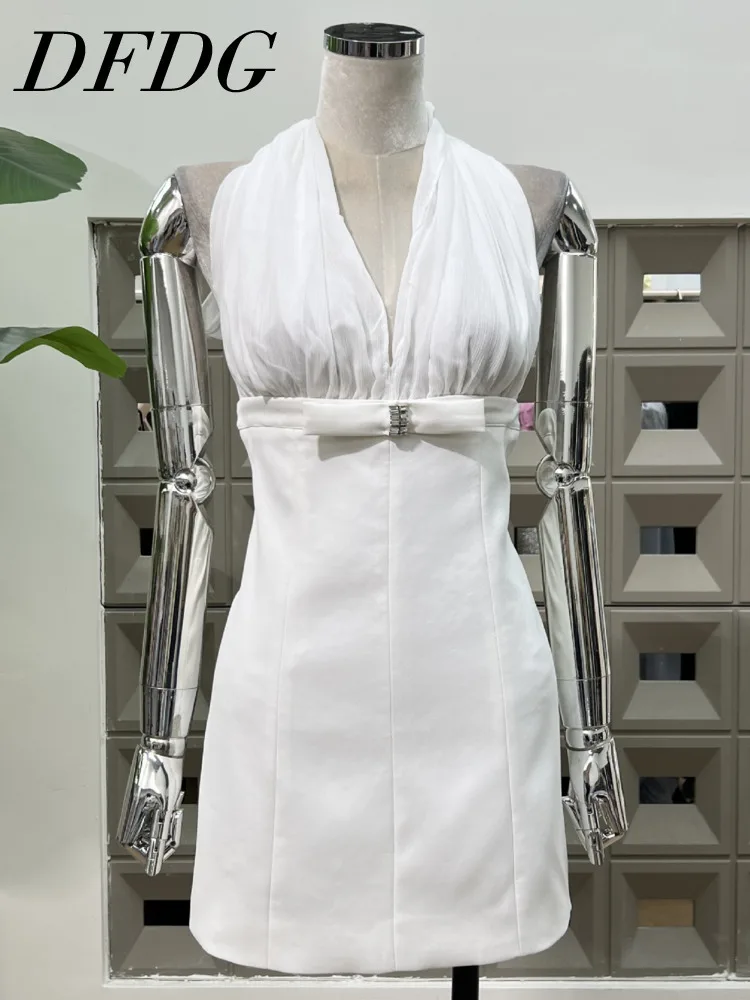 DFDG Robe dos nu pour femme, douce et sexy, col licou, col en V, transparente, moulante, mi-longue, avec nœud au dos, robe de soirée de cocktail élégante, 2025 SS