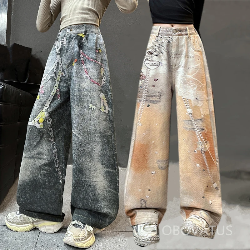 

American Child High Street Fashion Casual 3D Print Jeans For Girls y2k Hip Hop Performance Denim Pants Kids Trendy Rap Trousers