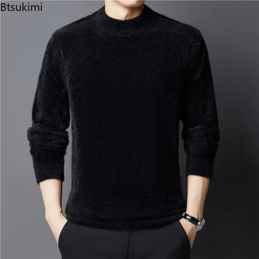 New 2024 Men's Warm Thick Woolen Sweater Tops Solid Plush Sweater for Winter Men's Thick Plush Bottom Sweater Slim Fit Pullovers