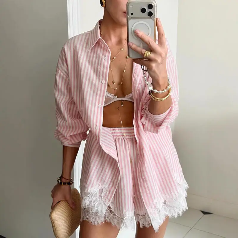 

Fashion Lace 2Pcs Trim Shirt Shorts Set Casual Lapel Long Sleeve Single Breasted Blouse Summer Novelty Commute Holiday Suit