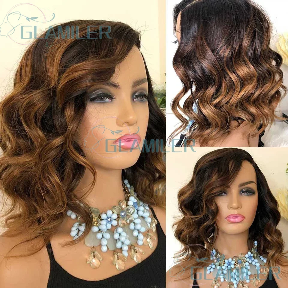 

Парик из натуральных волос с челкой и волнистым укладом, с мелированием # Браун-блонд парик 4/30 без клея, с шелковой застежкой 5x5, бразильский парик 360 с кружевной основой