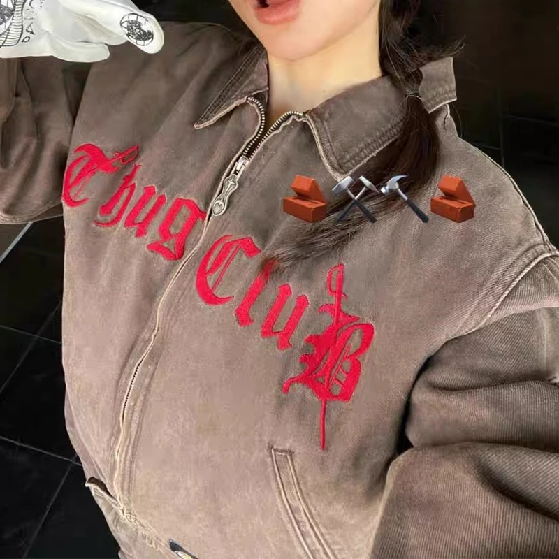 

Красивая стираная куртка на молнии с вышивкой THUG CLUB для мужчин и женщин, лучшее качество, плотная ткань, унисекс, повседневная рабочая одежда, пальто