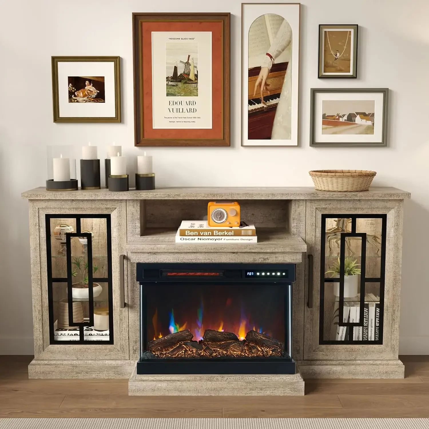 B Soporte  TV LED  59 pulgadas con chimenea  vidrio  3 lados, mesa  consola central  entretenimiento multimedia