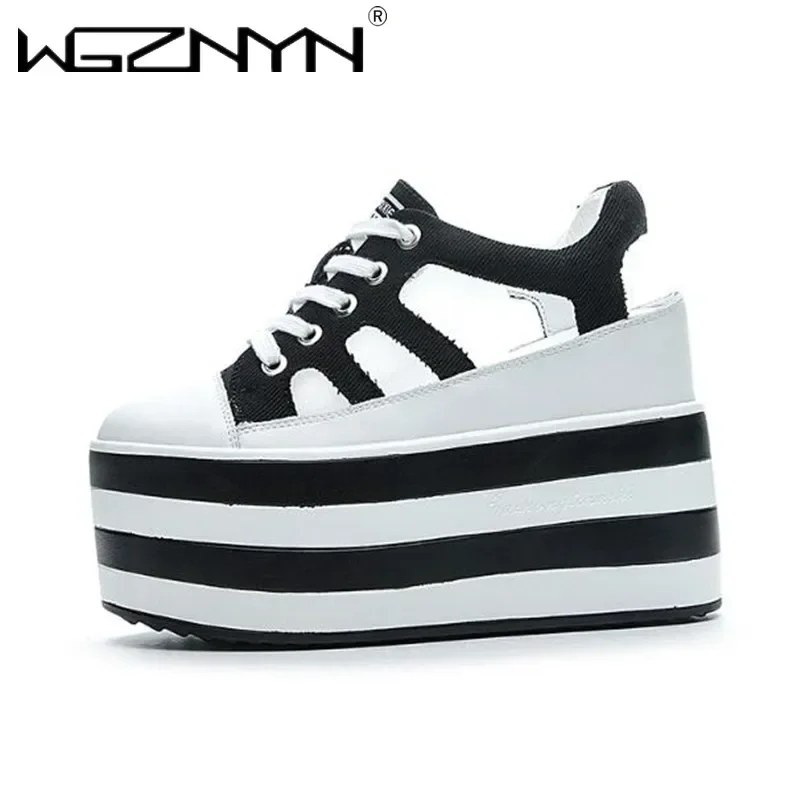 

Высококачественные туфли на танкетке 12 см, сандалии для женщин, кроссовки, летняя обувь, вулканизированные кроссовки с полым вырезом, натуральная кожа, новинка