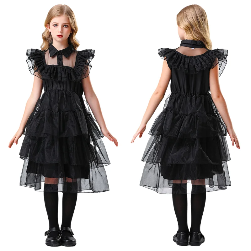 

Halloween Wednesday Party Children Character Cosplay Costume Girls Vintage Black Gothic Princess Dress Elegant Ball Gown Costume