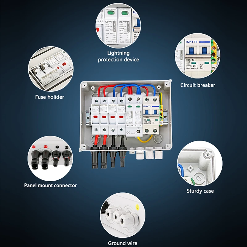 Solar photovoltaic PV Combiner Box With Lightning Protection 2 input 1 out DC 600V Fuse MCB SPD Waterproof Box IP65