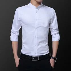 Hipster Design Collarless Shirt for Men Casual 100% Cotton Soft Slim Fit Long Sleeve White Black Navy Tuxedo Shirts 4XL 5XL