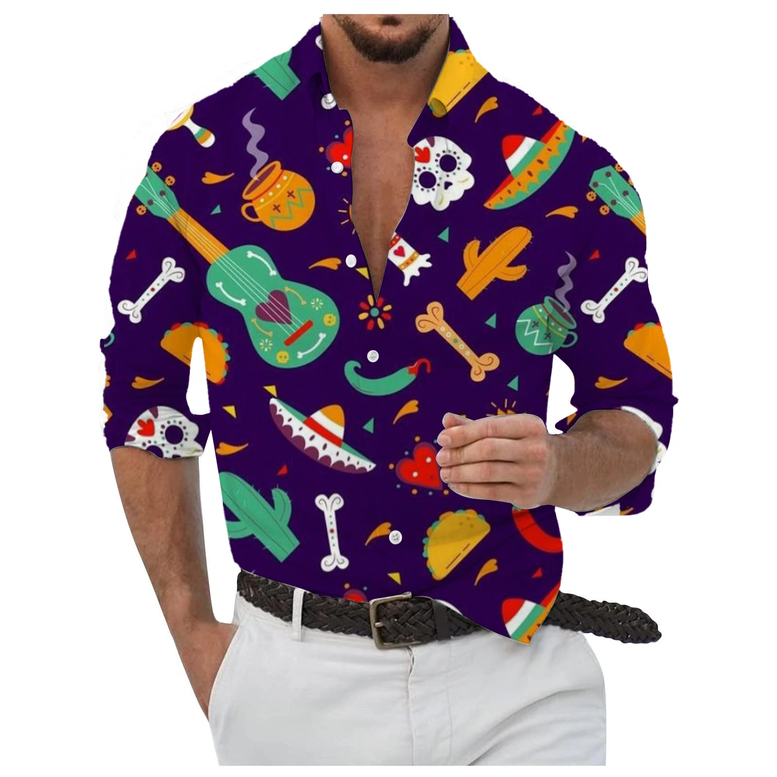 Camisa masculina de manga comprida com estampa de caveira de açúcar do México, tops respiráveis com padrão temático de halloween, camisas de manga comprida com gola virada para baixo