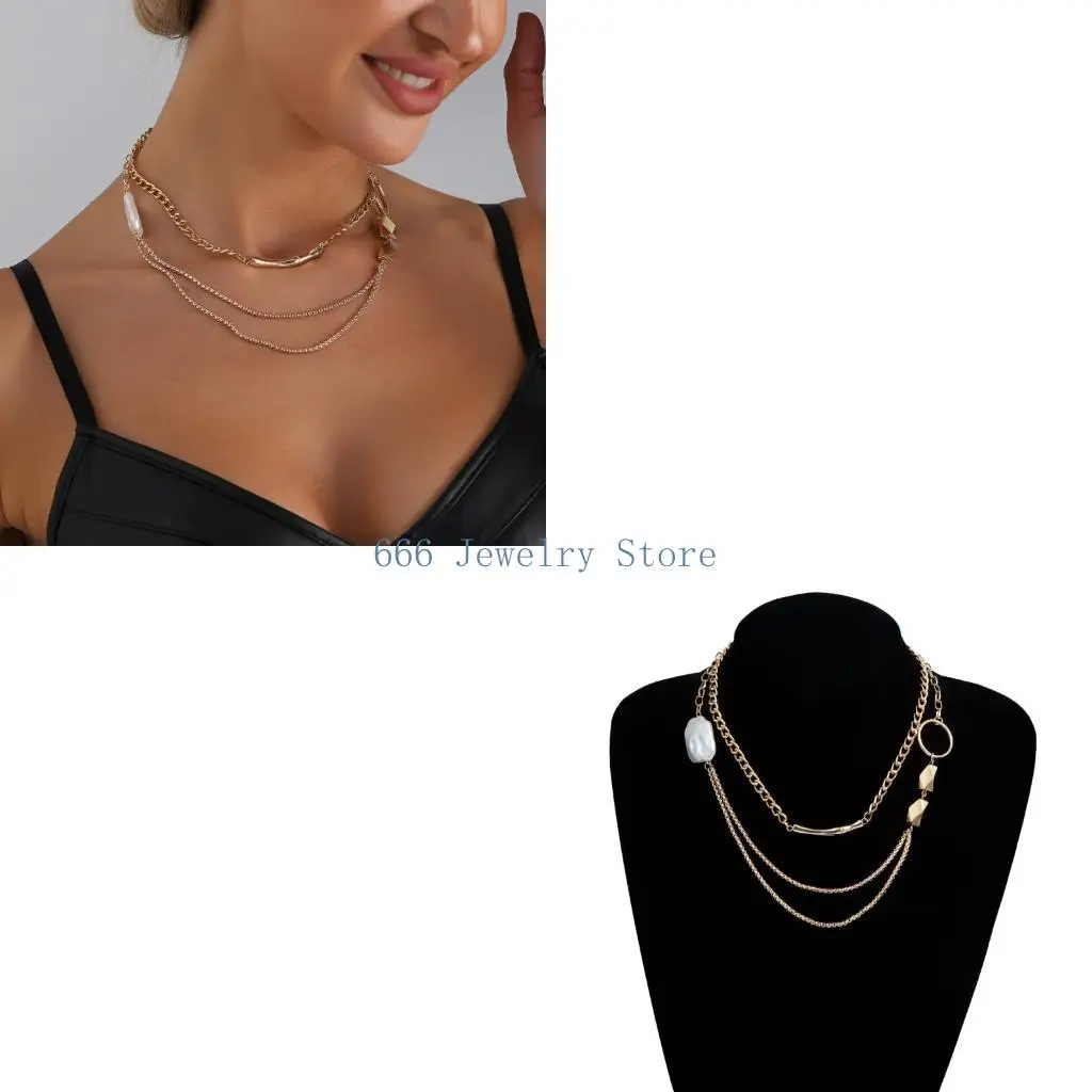 F2TD Short Multi Layer Clavicle Necklace With Pearls Accent Elegant Design Neckchain For Women Daily Wear or Evening Event
