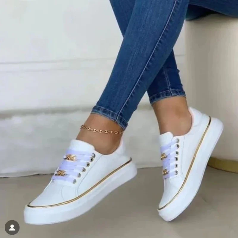 Sapatos vulcanizados com cadarço redondo para mulheres, sapatilhas de couro elegantes e planas, sapato casual confortável, tênis leve