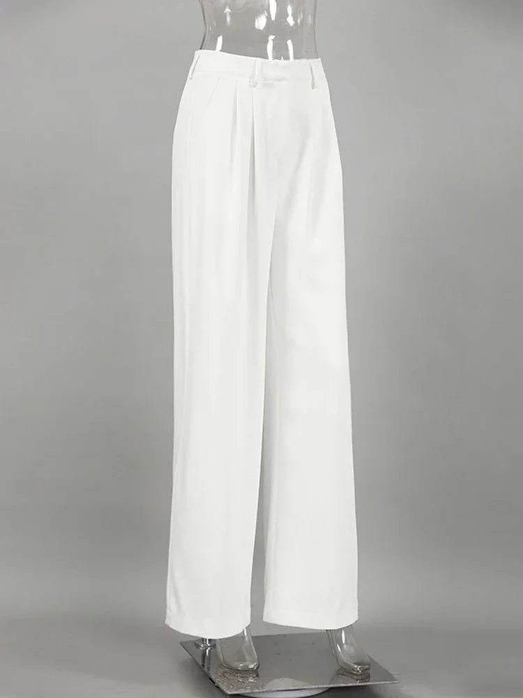 FJM-Pantalon blanc taille haute pour femmes, vêtements simples et décontractés, à la mode, de couleur blanche, collection automne